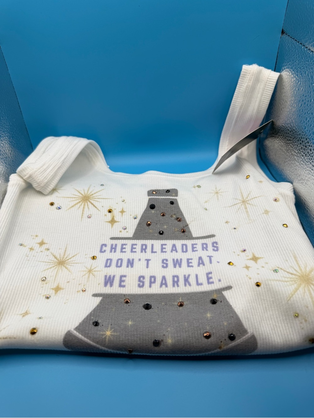 Hand Crafted White Ribbed Tank with Cheer Graphic and Rhinestones